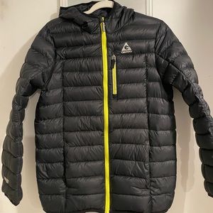 Youth size 14/16 winter coat, black with bright yellow zipper, down material